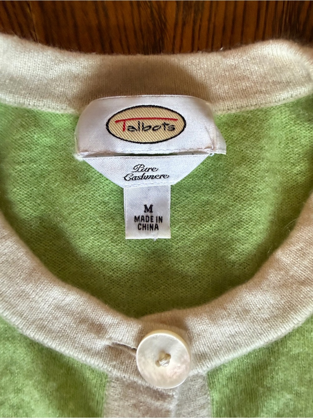 Talbots Pure Cashmere Mint Green Cardigan with Cream Trim - Picture 2 of 9